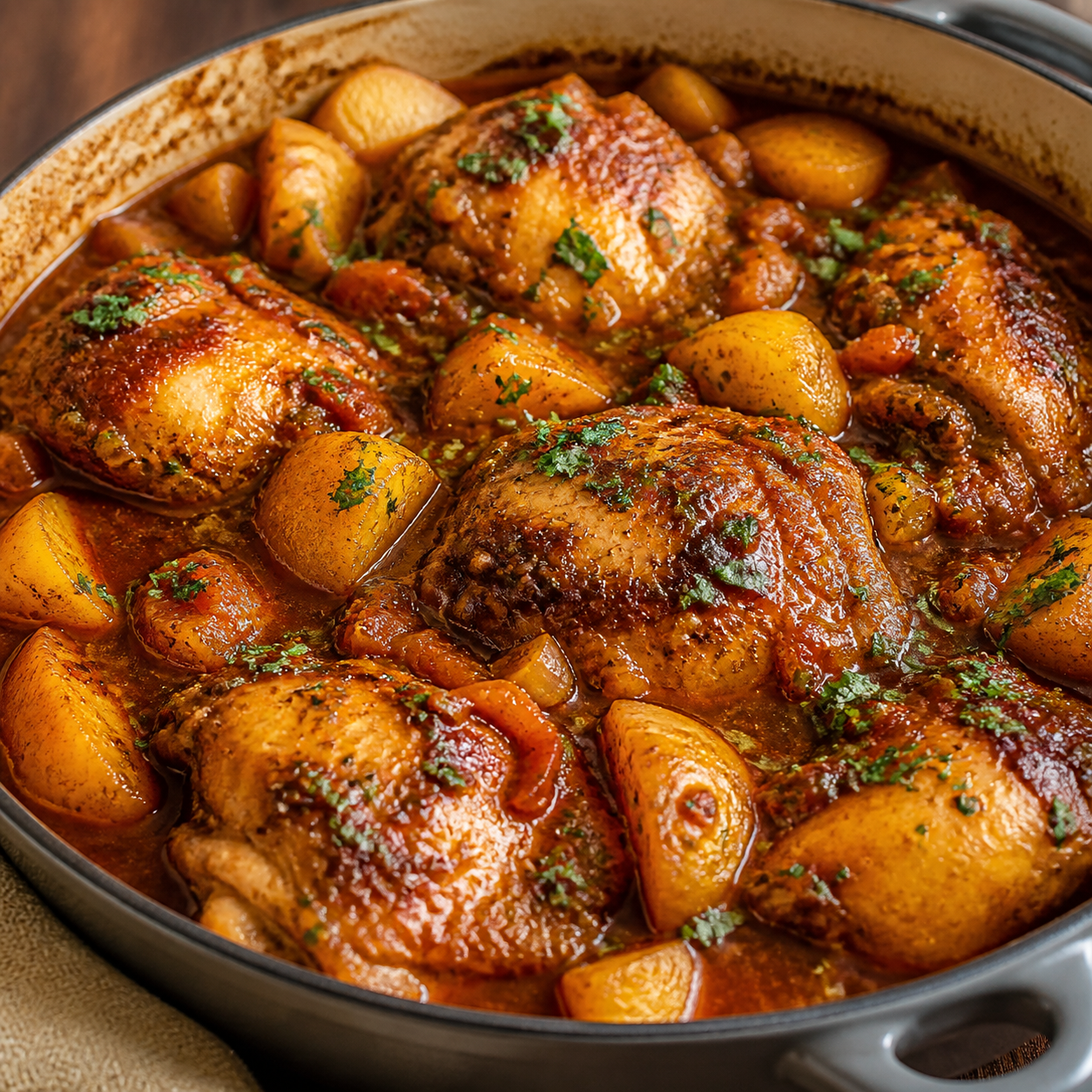 Frango ensopado dourado com batatas